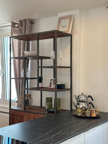 a shelf in a kitchen with a counter top at Charmante Wohnung in der Bregenzer Innenstadt in Bregenz