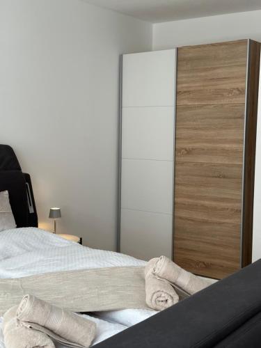 a bedroom with a bed and a large mirror at Charmante Wohnung in der Bregenzer Innenstadt in Bregenz