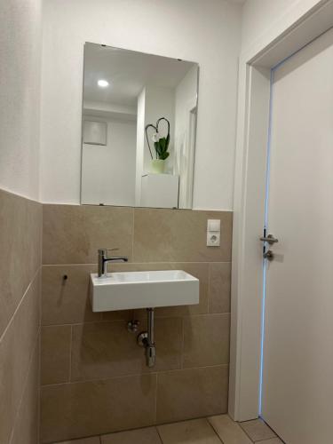 a bathroom with a sink and a mirror at Charmante Wohnung in der Bregenzer Innenstadt in Bregenz