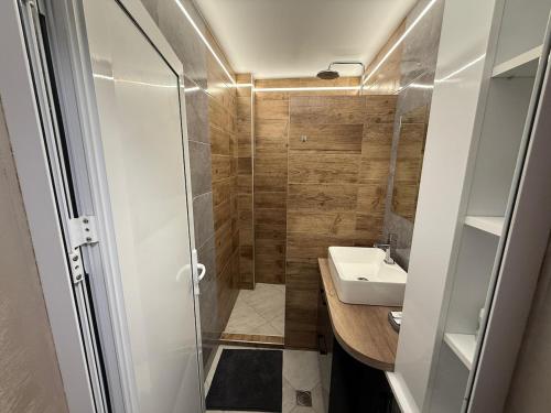 een kleine badkamer met douche en wastafel bij Alex Family Apartment in Vidin
