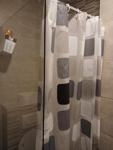 a shower curtain in a bathroom with a toilet at Apartman s parkingom, blizu Akva parka, Natura Lux - Green Hill, Sokobanja in Soko Banja