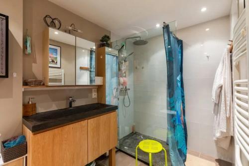 a bathroom with a sink and a shower at Maison chaleureuse à Faverges Seythenex avec terrasse in Vésonne