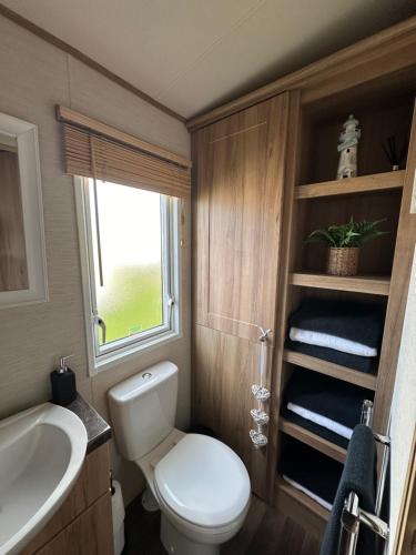 a small bathroom with a toilet and a sink at Jen's Retreat in Lossiemouth