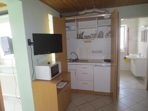 a kitchen with a tv and a sink and a microwave at Pension Barghus GmbH in Zinnowitz