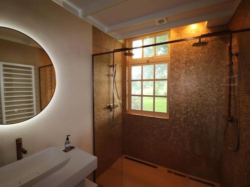a bathroom with a shower and a sink and a mirror at Villa in Ommen with Private Pond in Rheezerveen