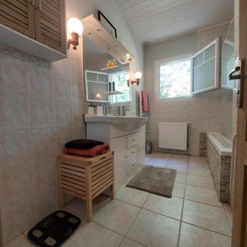 a bathroom with a sink and a bath tub at Clos des Loriots in Queyrac