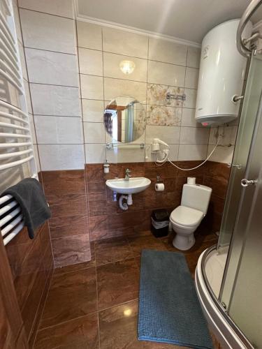 a small bathroom with a toilet and a sink at Гостинний двір Стефані in Tatariv
