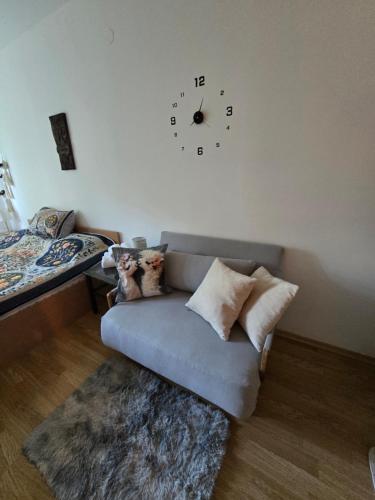 a living room with a couch and a clock on the wall at Aspen Valley in Razlog