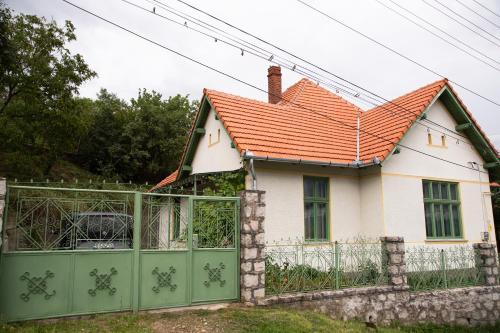 a house with an orange roof and a green gate at Nostalgia in Turda