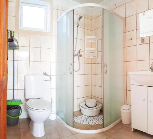 a bathroom with a shower with a toilet and a sink at OW NaFali in Jarosławiec