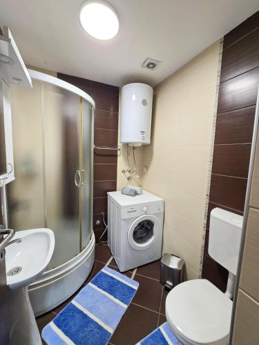 a bathroom with a toilet sink and a washing machine at Stan na dan Centar Čačak in Čačak