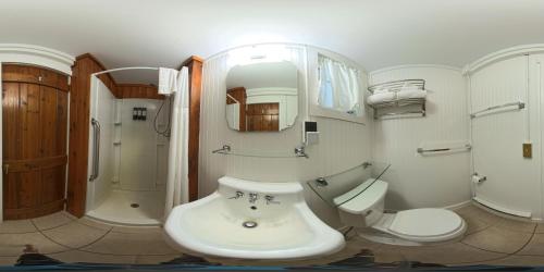 a bathroom with a sink and a toilet and a shower at Dune Climb Inn in Empire