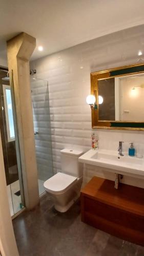 a bathroom with a toilet and a sink and a mirror at Primavera Congresos in Granada