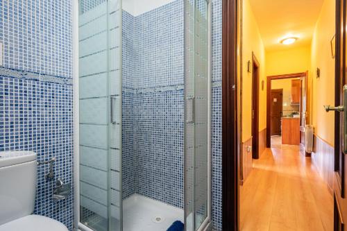 a blue tiled bathroom with a shower and a toilet at Apartamentos Les Cuartes in Cangas de Onís