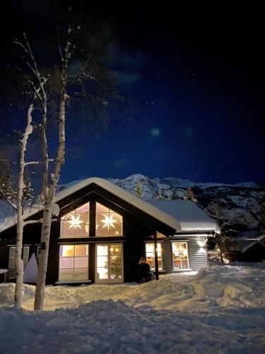 una casa coperta di neve di notte di New cottage near the city center and ski slope a Hemsedal