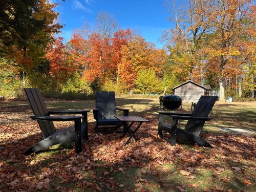 three chairs and a picnic table in a park at Dune Climb Inn in Empire