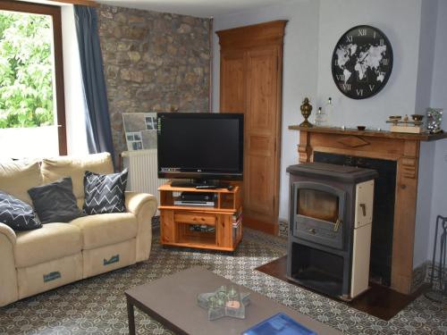 a living room with a fireplace and a television at Tranquil Forestside Cottage in Couvin