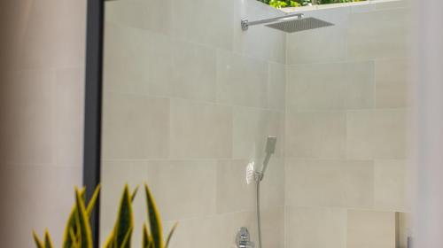 a shower with a glass door in a bathroom at Whale Shark Boutique in Fenfushi