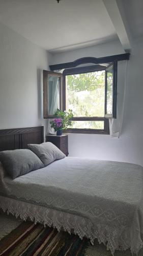 a bedroom with a bed and a window at Casa Rural La Chaparra - Apartamento Atalbéitar in Pitres