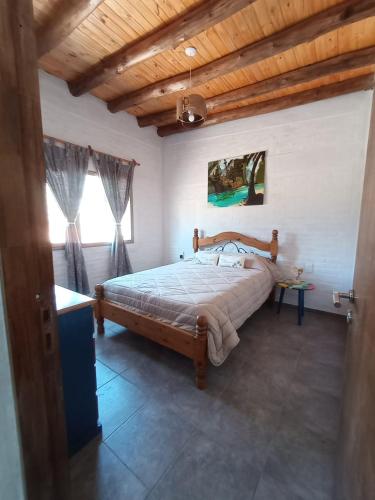 a bedroom with a bed in a room with a wooden ceiling at Cabañas Universo in San Rafael