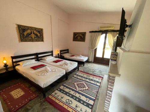 a bedroom with two beds and a rug at Arolithos Traditional Village Hotel in Tílisos