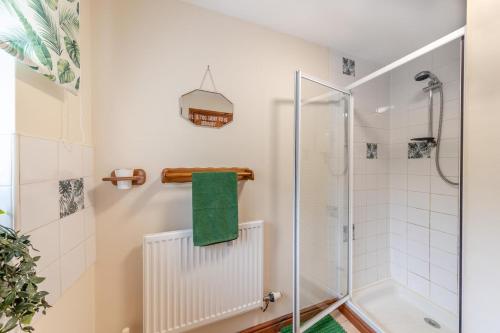 a bathroom with a shower and a glass shower stall at Stabyl-Y-Ddol in Glyn-Ceiriog