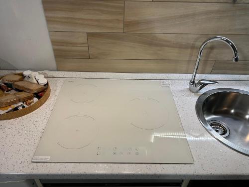 a kitchen counter with a sink and a cutting board at Casa Mirè in Savigliano
