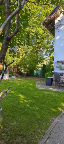 a park with a bench and trees and grass at Balatonka Apartman in Alsóörs
