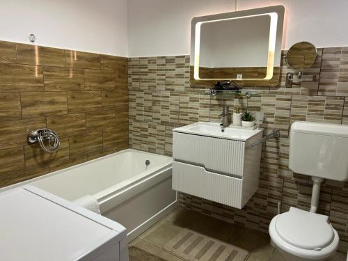 a bathroom with a sink and a toilet and a tub at Casa SOFI Nr 1, Breaza PH in Breaza
