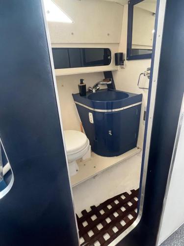 a bathroom with a sink and a toilet in an rv at Bateau in Le Barcarès