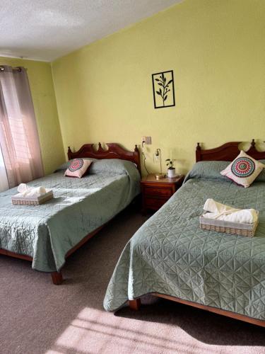 two beds in a room with green walls at Casa Verde in Zacatlán
