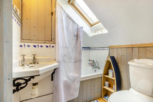 ein Badezimmer mit Waschbecken und Duschvorhang in der Unterkunft Tanybryn Cottage in Llangeitho