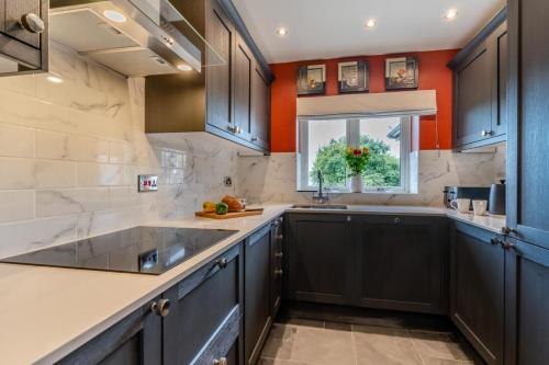 a kitchen with blue cabinets and a window at Little Hill End Stables - Reynoldston in Reynoldston