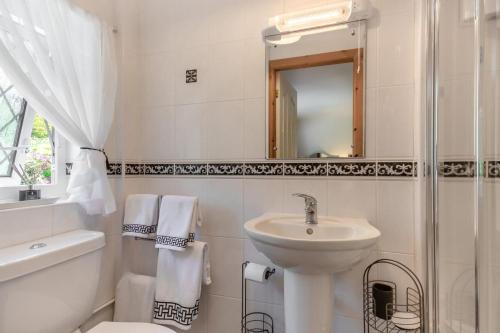 a white bathroom with a sink and a mirror at Bryn Tirion Cottage in Llanfair Talhaiarn