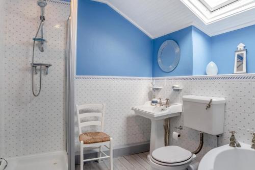 a bathroom with blue walls and a toilet and a sink at Lavender Cottage - Mumbles in The Mumbles