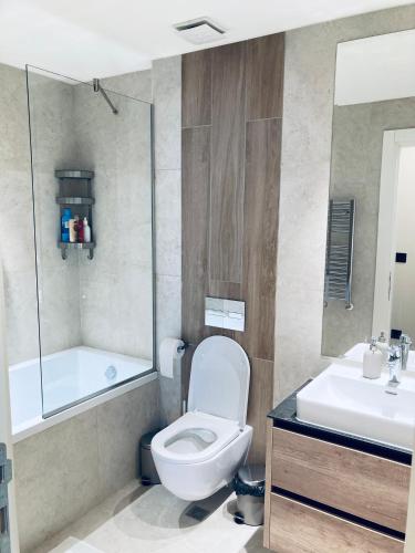 a bathroom with a toilet and a tub and a sink at Belgrade Waterfront Kalemegdan and River View with Garage in Belgrade