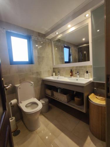a bathroom with a toilet and a sink and a mirror at Aegina Horizon Stonehouse No I in Aegina