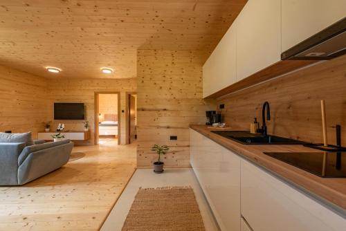 a kitchen with white cabinets and a couch in a room at Forest Paradise in Ličko Petrovo Selo