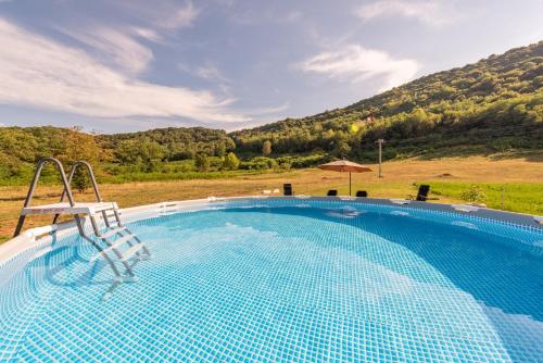 a swimming pool with a chair and a mountain at Forest Paradise in Ličko Petrovo Selo