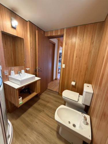 une salle de bain avec des toilettes blanches et un lavabo dans l'établissement Departamento 3 ambientes, modernoso, cálido y a media cuadra de la calle principal. 2 PAX (V420), à San Martín de los Andes