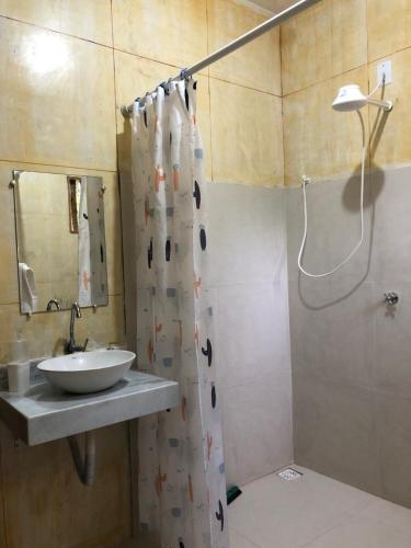 a bathroom with a sink and a shower at CASA MEDNA in Trancoso