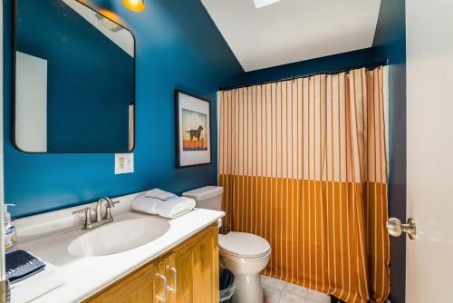 a bathroom with a sink and a toilet and a mirror at Hawksbill Hideaway in McGaheysville