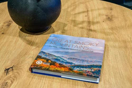 a book sitting on a table next to a vase at Hawksbill Hideaway in McGaheysville