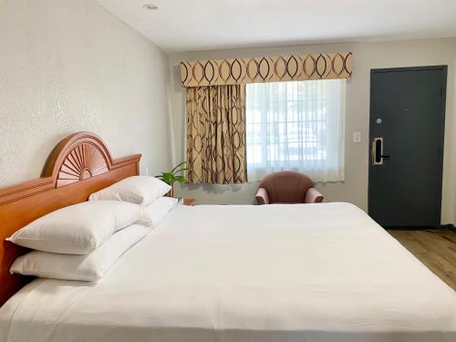 a bedroom with a large white bed and a window at Gainesville Lodge in Gainesville