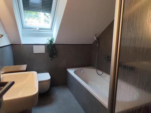 a bathroom with a toilet and a tub and a sink at Familienfreundliche DGW in ruhiger Lage für 4 Personen - Waschtrockner, Arbeitsplatz, Balkon und Gartennutzung in Aschaffenburg