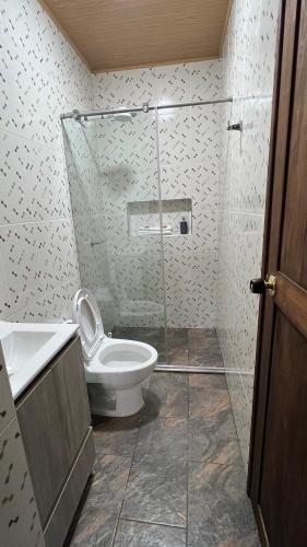 Un baño con inodoro y ducha de cristal. en La Caracola, en Villa de Leyva