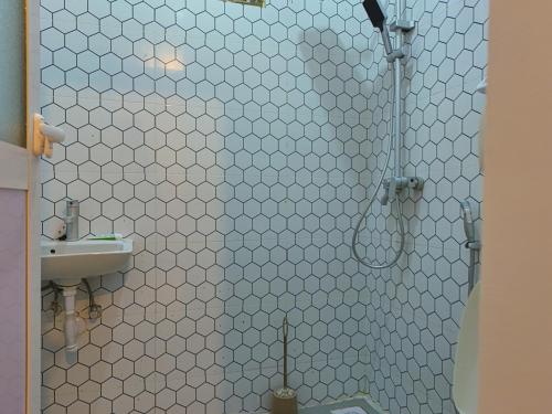 a bathroom with a shower and a sink at Beachfront Bliss Zanzibar - Stylish 1BR Oceanview Apartment in Uroa in Uroa