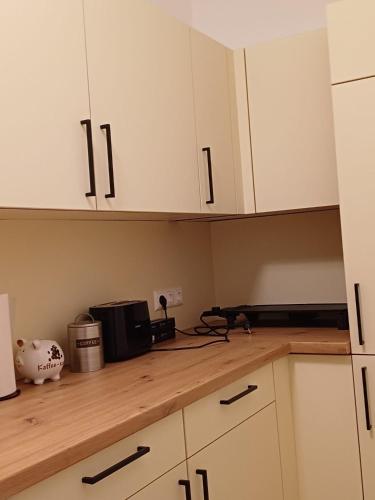 a kitchen counter with white cabinets and a microwave at Nationalpark Apartment 2 in Apetlon