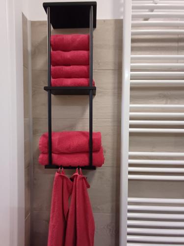 a towel rack with red towels in a bathroom at Nationalpark Apartment 2 in Apetlon