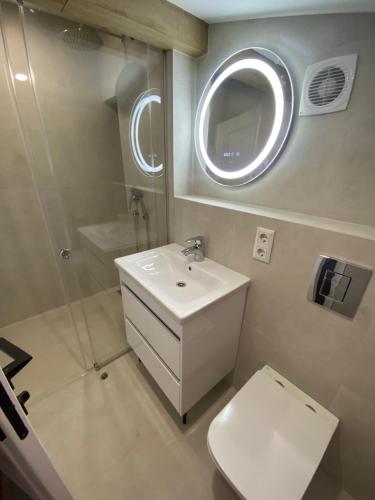 a bathroom with a sink and a shower and a toilet at Heart of the old town in Kamianets-Podilskyi